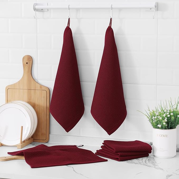 Kitinjoy 100% Cotton Kitchen Dish Cloths (12 X 12 Inches, Burgundy), 6 Pack Waffle Weave Ultra Soft Absorbent Dish Towels for Drying Dishes Quick Drying Kitchen Towels Dish Rags