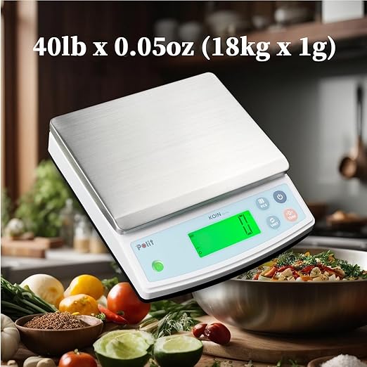 Polit KOIN Digital Food Scale 40lb – High-Capacity Rechargeable Kitchen & Packing Scale with Stainless Tray, 1g Precision and 3-Color Indicator for Baking, Meal Prep and Vendors