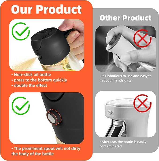 TrendPlain 16oz/470ml Glass Olive Oil Sprayer for Cooking – 2 in 1 Olive Oil Dispenser Bottle for Kitchen Gadgets and Air Fryer Accessories, Salad, BBQ - 2 Black