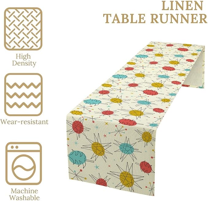 Mid Century Table Runner Retro Abstract Boho Geometric Atomic Starbursts Art Printed Dinner Runner for Home Kitchen Dining Table Decor Fabric 1 Panel W13xL70in