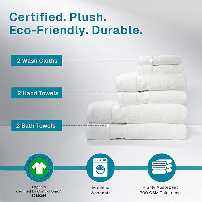 100% Organic Cotton Bath Towel Set | Bathroom Luxury Towel Set of 6 | GOTS Certified | Hotel Premium Towels | 700 GSM | 2 Bath Towels 30 x 56 | 2 Hand Towels 16 x 30 | 2 Wash Cloths 13 x 13 | White