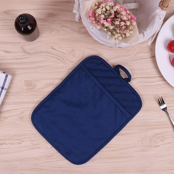Anyi Pot Holders for Kitchen Heat Resistant, Cotton Hot Pads for Counter Table, Blue Kitchen Pot Holders with Pocket