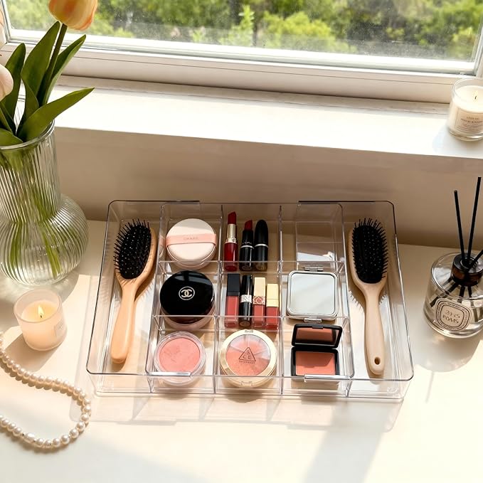 Acrylic Expandable Desk Drawer Organizer with 11 Adjustable Compartments and 6 Removable Dividers Desk Accessories for Office Kitchen Bathroom Makeup and Utensil Junk Storage (Clear, 1Pc)