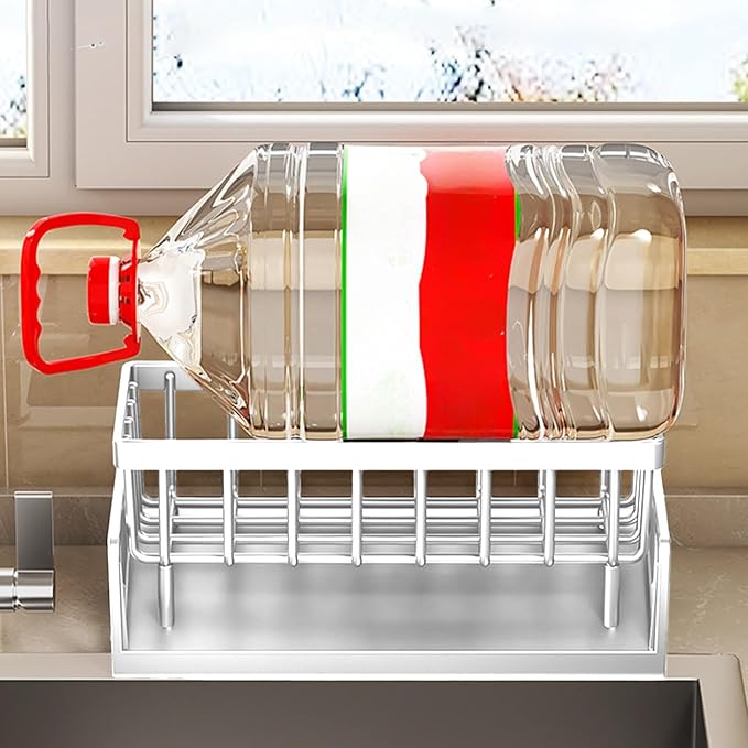 Sponge Kitchen Sink Caddy Organizer Brush Sink Sponge With Auto Draining Tray, Self Drain Dish Soap Caddy, 9.05" Lx4.33 Wx3.93 H (white)