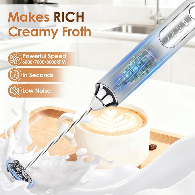 Handheld Milk Frother, rechargeable milk frother with 2 Stainless Steel Whisks 3 Speeds Electric Drink Mixer, Coffee Mixer Wand for Latte, Cappuccino, Matcha, Hot Chocolate, Egg (White)