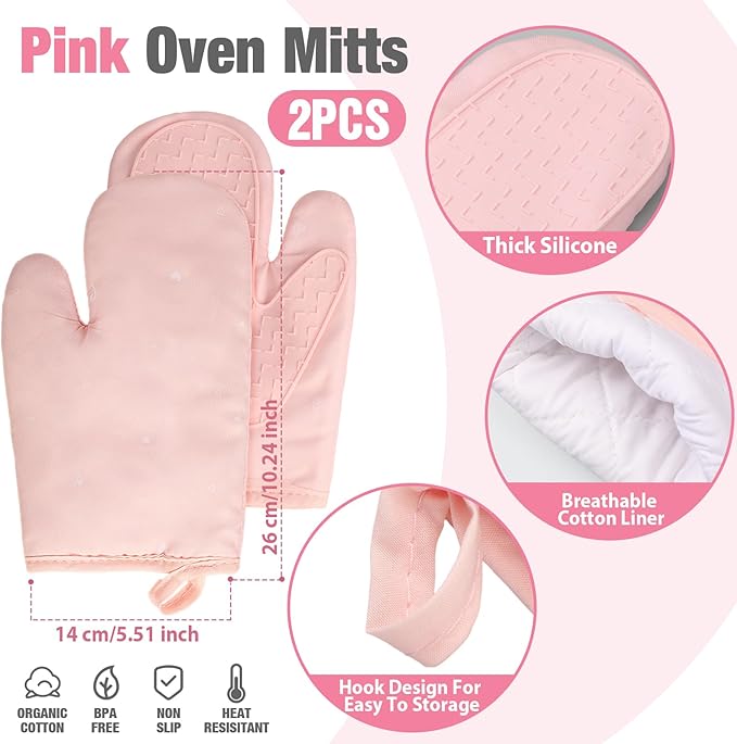 Pink Oven Mitts and Pot Holders 7 Sets, Heat Resistant Kitchen Gloves Pads Potholders for Women Gifts Pot Holders Kitchen Accessories Gift(Pink White,Rubber Cotton,Stripes)