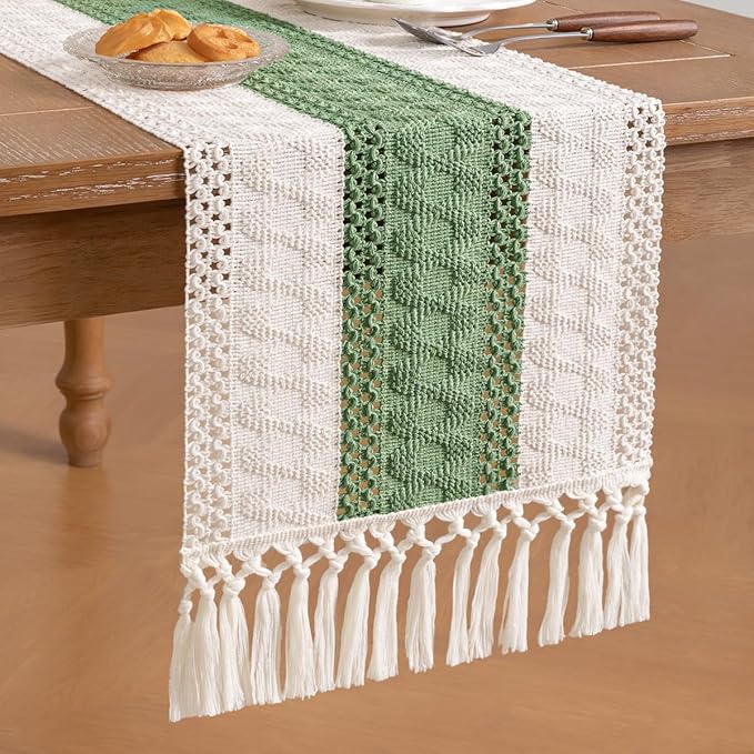 Socomi Boho Table Runner Macrame Easter Spring Farmhouse Woven Cotton Linen Rustic Coffee Table Runner with Tassels for Dresser Scarf Home Decor Dining Room 12x90 inch Sage Green Ivory