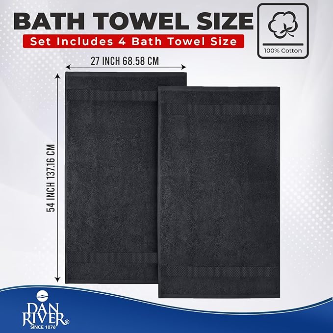DAN RIVER Bath Towels Set of 4, 27 x 54 Inches, 100% Cotton, Larger & Lighter Weight, Quicker to Dry, Super Soft and Absorbent, Ideal Cotton Bath Towels for Daily Use, Dark Gray