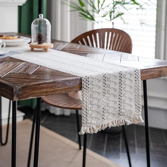 Alynsehom Macrame Table Runner Cream Beige Boho Table Runners with Tassels Hand Woven Cotton Table Runner Rustic Farmhouse Table Runners for Bohemian Kitchen Dining Table(12x60in)