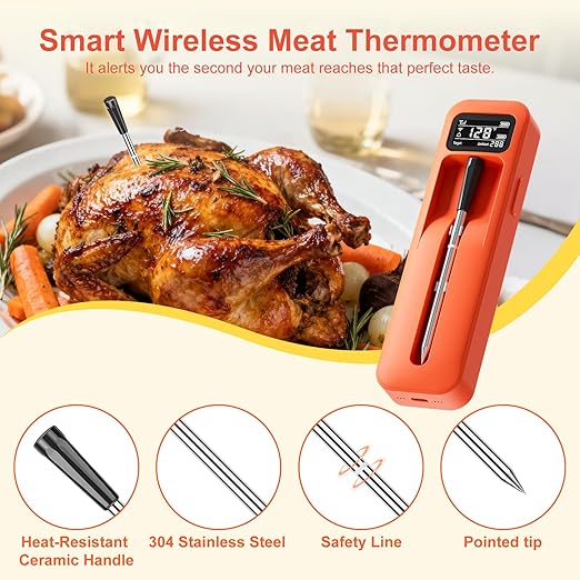 Smart Wireless Digital Meat Thermometer with Ceramic Probe, Food Thermometer Standalone Display Base 3000FT Range Real-time Monitoring ±0.5°F Accuracy,for BBQ/Oven/Grill/Smoker/Air Fryer
