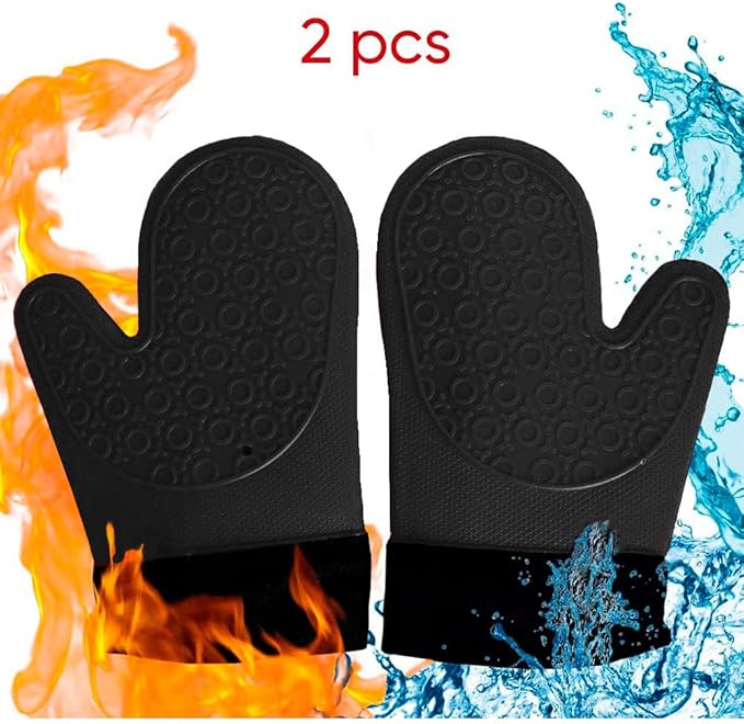 2PCS Black Professional Extra Large Silicone Oven Mitts and Pot Holders Oven Gloves Heat Resistant Gloves Kitchen Mittens BBQ Holders for Cooking Grill Rubber for Cooking
