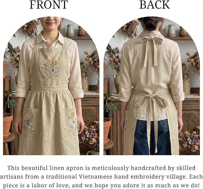 Linen Apron with Hand Embroidered Floral Design, Natural Fabric Apron for Kitchen, Linen Apron with Pockets, Cooking, Baking, Gardening, Florist, Chefs, Artists