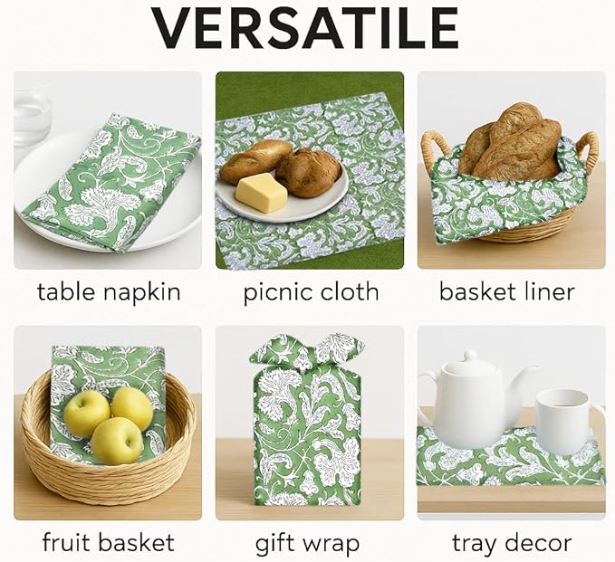 Ridhi Sage Green Hand Block Print 100% Cotton Napkins 18" x 18" (Set of 4) Reuseable Kitchen Napkins Cloth Decor Dinner Party Wedding Cocktail Gift for Spring, Easter, Valentine