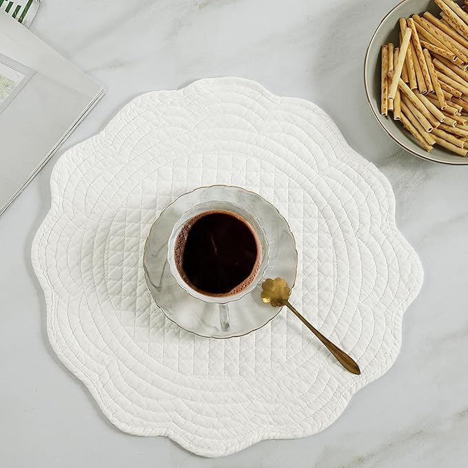 HOMBYS Quilted Placemats Set of 6 Washable Round Placemats for Kitchen Table-100% Cotton Fabric 14 Inch Round Table Mats, Cotton Fabric with Microfiber Filling, (14"x14", Cream White)