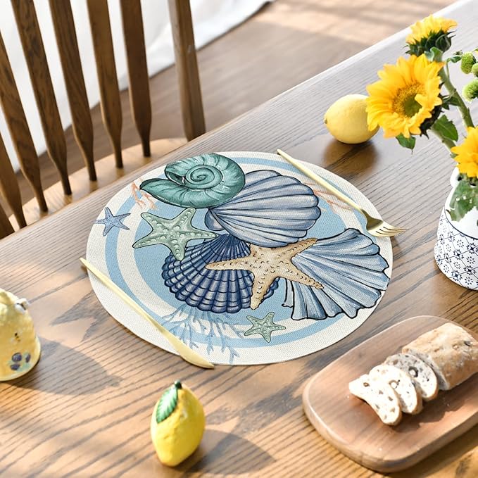 Artoid Mode Sea Shell Starfish Round Summer Placemats Set of 4, 14 Inch Spring Round Table Mats for Dining Decoration