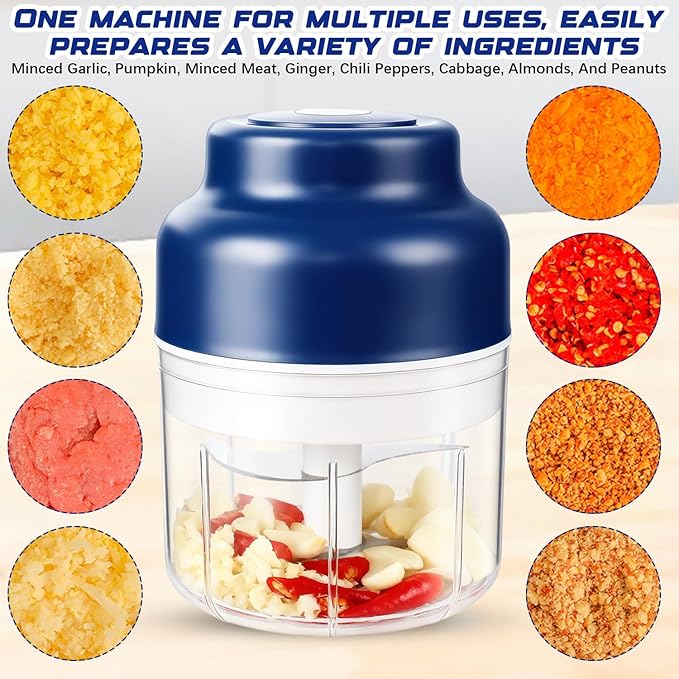 Electric Garlic Chopper,Upgrade Electric Mini Garlic Chopper Set,New Small Garlics Choppers Mincer,USB Rechargeable,Wireless Veggie Grinder,for Mashing Onion,Garlic,Chili,Ginger(Blue,250ML)