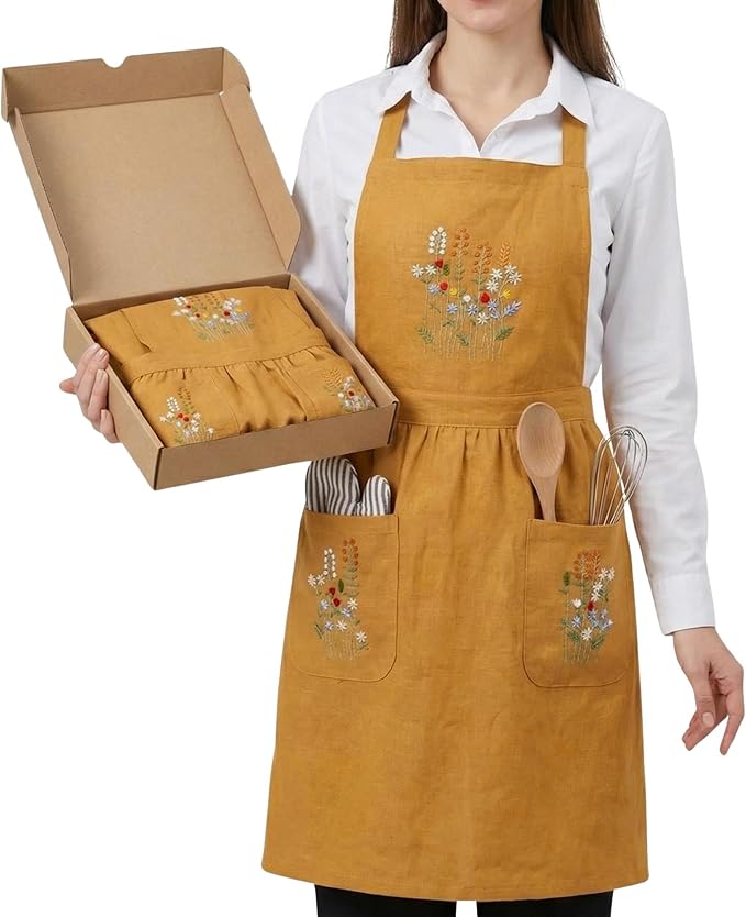 +Linen Embroidered +Apron For +Women With +Pockets, Cute Kitchen Apron, +Cooking +Baking Gifts For Her
