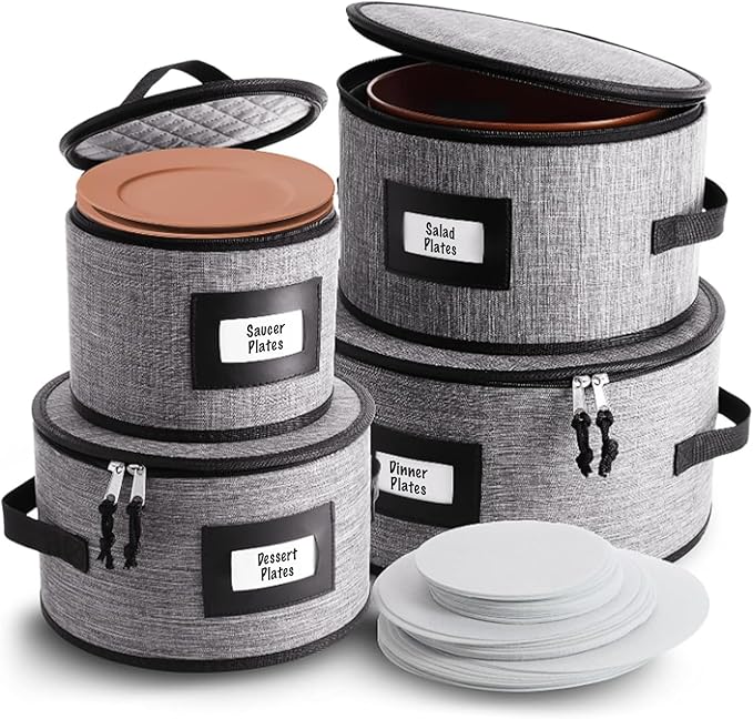Fine China Storage Containers Hard Shell, 4 Piece Dish Storage Containers, Quilted Plate Containers, Stackable Dish Organizer with Dividers, Dinnerware Storage for Moving and Seasonal Storage, Grey
