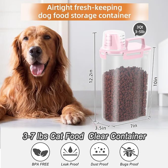 LEAWALK 3-5Lbs Airtight Small Cat Dog Pet Food Storage Containers BPA Free, with Large Pour Spout/1 Measuring Cup/ 4 Safety Locks and Double-layer Silicone Strip (Pink 2Pack)