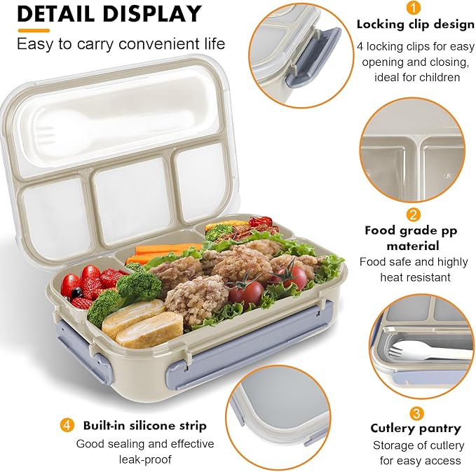 Yumuk Bento Box Adult, Lunch Box Containers for Adults Men Women, 5 Cup Bento with 4 Compartments &Spork &Sauce Box, Leak-Proof, Microwave/Dishwasher Safe(Beige)