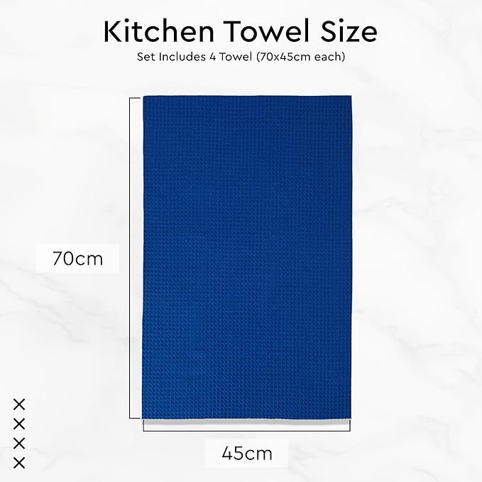 Encasa XO Kitchen Dish Towels Set | Blue | Waffle Weave and Flat Hand Tea Towel | 28"x18" | Quick Drying Reusable Cotton Washcloths | Multipurpose Lightweight Dishcloths Set of 4