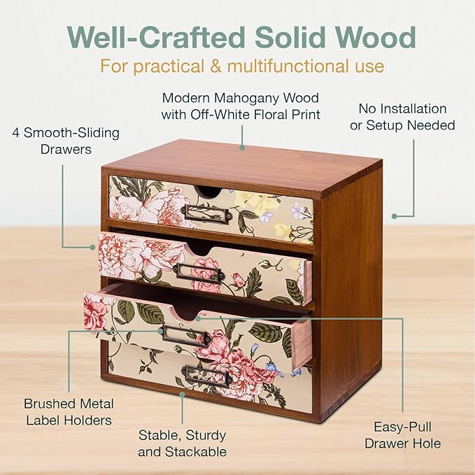 4-Drawer Vintage Desk Organizer with Jacobean Pattern Pastel Flowers Curio Drawer Dresser, Closet, Tabletop - Embroidery Reel Shelf Wood Desktop Organizing Cabinet - Victorian Floral Design