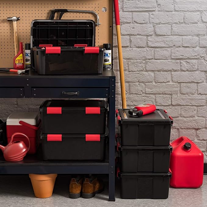 IRIS USA WeatherPro 31 Qt Storage Bins with Lids, 4 Pack, BPA-Free Plastic Gasket Box with Tight Latch and Seal, Stackable Nestable Tote Tub - Black/Red