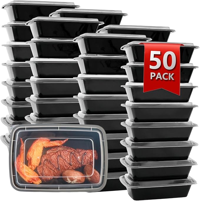 Meal Prep Containers Reusable 50 Pack-32 oz Food Storage Containers with Lids To Go Food Containers Takeout, Microwave Dishwasher Freezer Safe, Stackable, BPA Free, Plastic (Black)