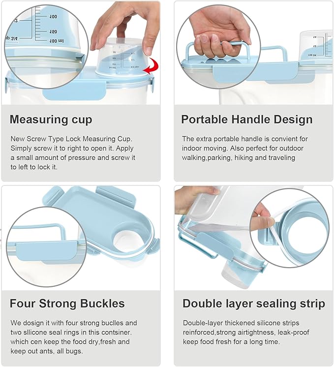 LEAWALK 3+6Qt Rice Storage Container Upgraded Large Nozzle BPA-free, With 4 Sealed Clasps, 1 Measuring Cup and Handle for Snacks, Rice, Grains, Flour, Sugar, Pet Food, Etc-Elegant Blue 2Pack