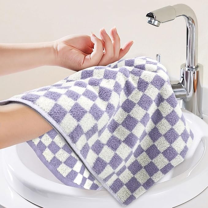Hand Towel for Bathroom Guest Room Home - 100% Cotton Face Towel Set Lilac Checkered, Extra Soft, Absorbent 4-Piece for Daily Use