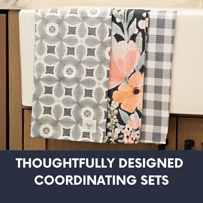 || 3 Pack|| Double Sided Dish Towels || Waffle Weave Microfiber || Highly Absorbent || Hanging Loop || Dish Cloths || Modern || Designer Prints || Lights (Pewter)