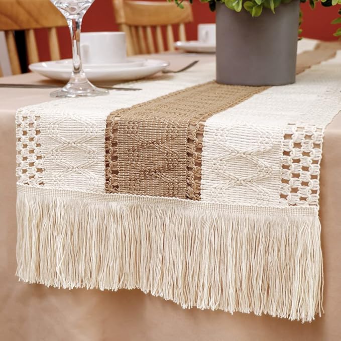 OurWarm Splicing Burlap Table Runner Farmhouse Style, Boho Table Runner Modern Farmhouse Decor Rustic Woven Cotton Crochet Lace for Bohemian, Rustic, Wedding, Bridal Shower, Dinner, 108 inch