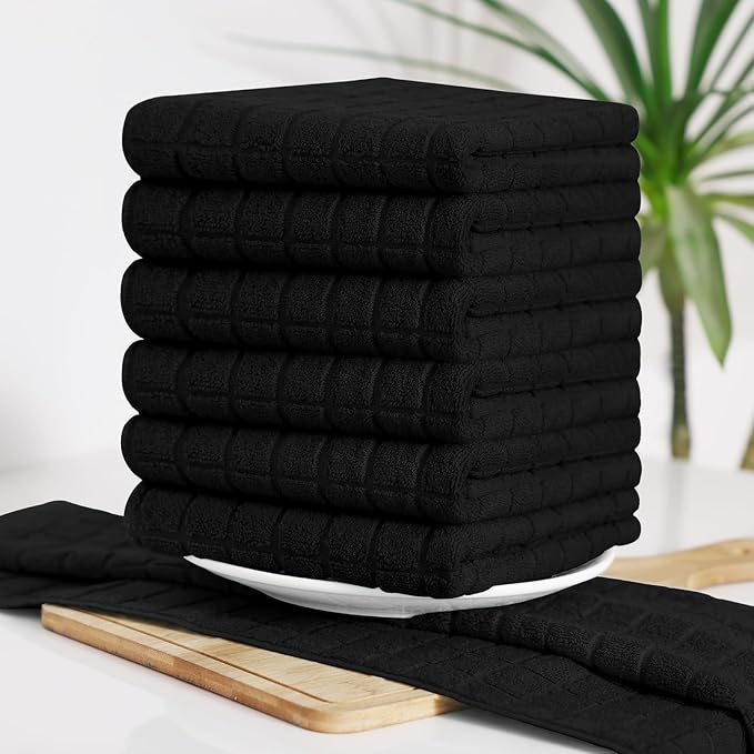 Homaxy Premium Cotton Kitchen Towels 16"x 28", Large Natural Ring Spun 390 GSM Dish Towels, Super Absorbent Terry Kitchen Hand Towels, Soft Tea Towels with Hanging Loop, Pure Black Design, 6 Pack