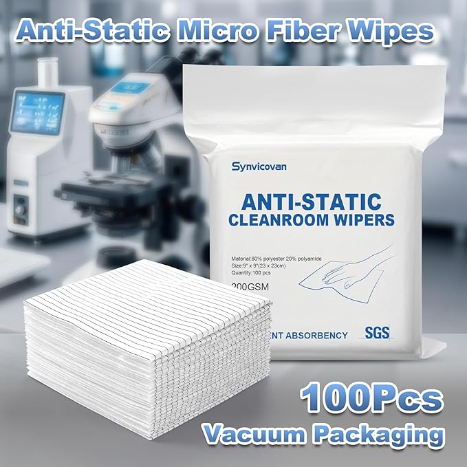 Anti-Static Microfiber Wipes 9"x9"(100 Pcs,Class 100, 200GSM) Lint Free Cloths Reusable Special ESD protection design is suitable for protecting sensitive electronic components and tools