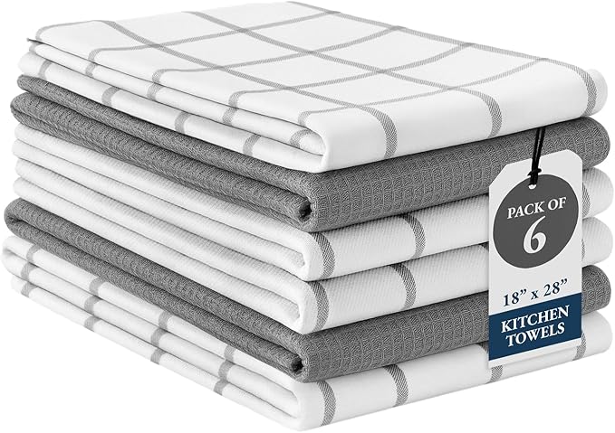 LANE LINEN Cotton Kitchen Towels and Dish Cloths Set, 6-Pack – Absorbent, Quick-Drying Dish Towel, 18" x 28", Soft, Premium Hand and Tea Towels - Grey
