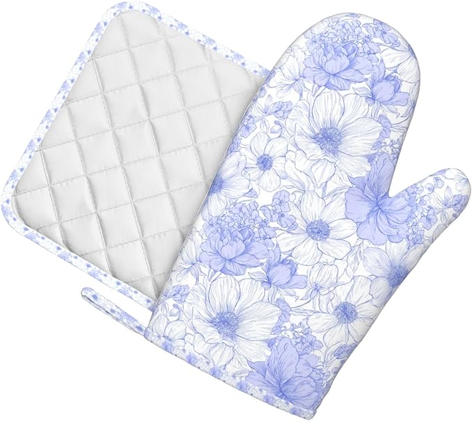 Oven Mitts and Pot Holders Pastel Blue Flower Vintage Silicone Kitchen Accessories Set of 2 Heat Resistant Long Gloves Potholder Non-Slip Grip for Chef Cooking,Baking,Grilling,BBQ