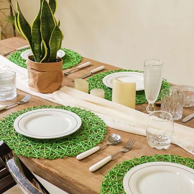 AHHFSMEI Paper Braided Round Placemats Set of 6 Natural Non-Slip Heat Resistant Table Mats for Dining Tables Woven Indoor Outdoor Place mats(Forest Green)