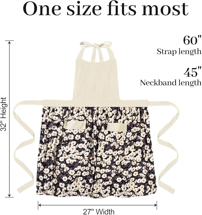 Cute Floral Aprons for Women with Pockets,Cotton Adjustable Neck Strap Apron for Kitchen Cooking Baking Gardening