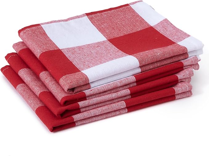Encasa XO Cotton Kitchen Towel Set | Hand and Tea Cloth for Cleaning & Quick Drying, X-Large 28"x18" (Pack of 4) Highly Absorbent - Buffalo Red Checks