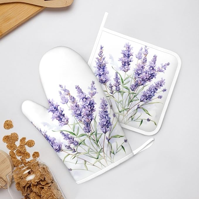 Oven Mitts and Pot Holders Lavender Watercolor Flower Floral Silicone Kitchen Accessories Set of 2 Heat Resistant Long Gloves Potholder Non-Slip Grip for Chef Cooking,Baking,Grilling,BBQ