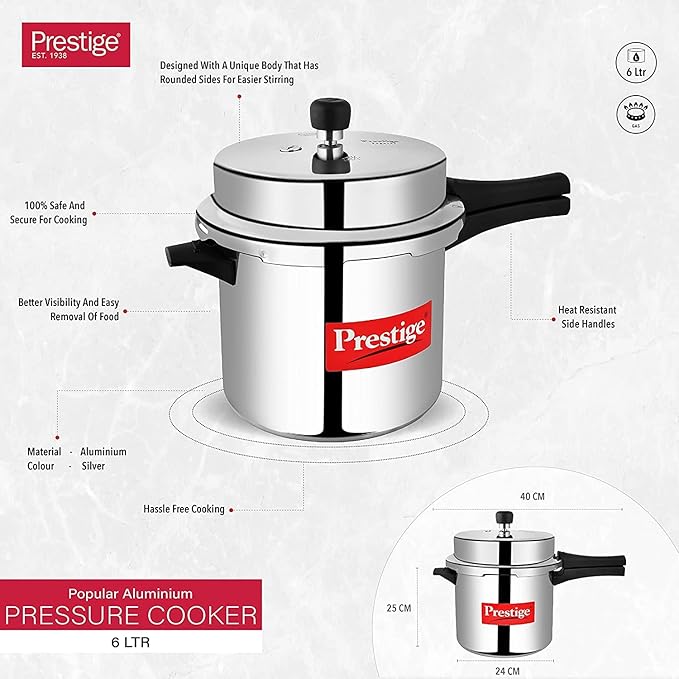 Prestige Popular Aluminium Pressure Cooker, 6 Liters
