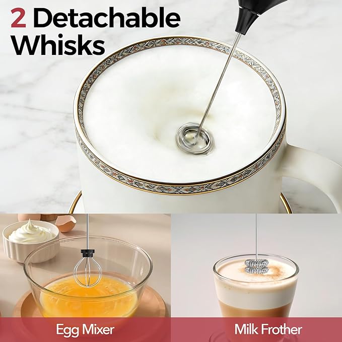 YARRAMATE Rechargeable Milk Frother Wand Handheld, 3 Speed Adjustable Electric Drink Mixer with 2 Whisks, Stainless Steel Stirrer for Coffee, Lattes, Protein Shakes, Matcha, Egg