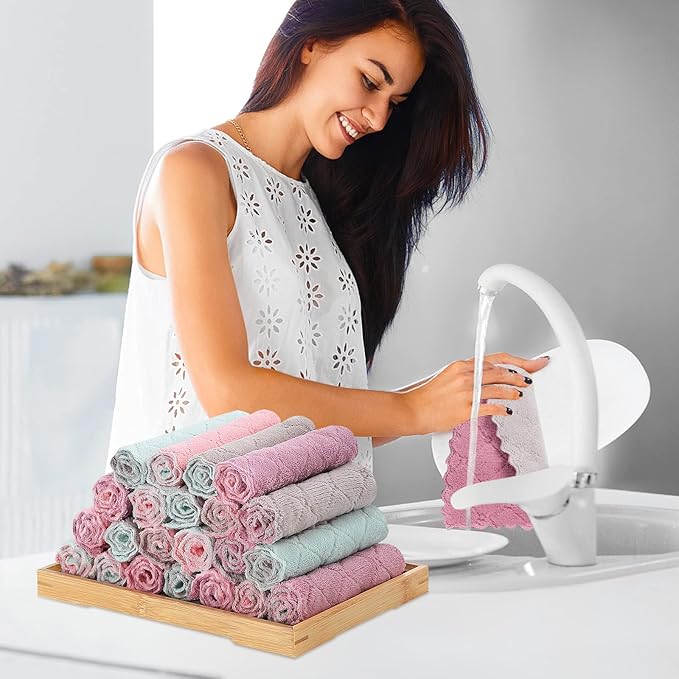 Rachan 11Pack Kitchen Dish Cloths, Reusable Dish Towels, Nonstick Oil Washable Fast Drying, Super Absorbent Coral Velvet Cleaning Cloths for Cleaning Tableware, Kitchen, Bathroom (Pink-green10 x 6")
