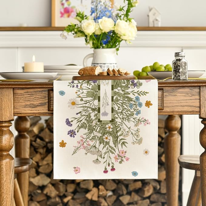 Artoid Mode Vintage Wildflowers Daisy Spring Table Runner,Seasonal Summer Floral Kitchen Dining Table Decoration for Home Party Decor 13x60 Inch