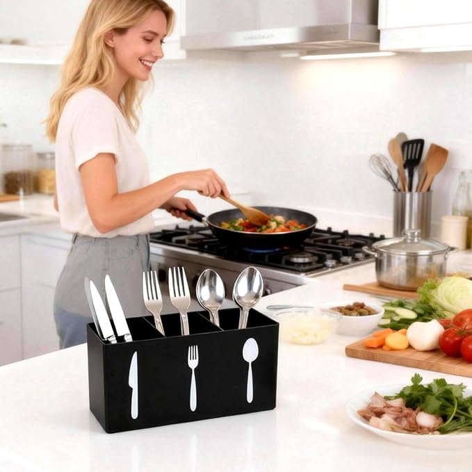 Utensil Caddy Plastic Utensil Organizer Plastic Ware Holder Acrylic Utensil-Holder Kitchen 3 Section Tableware Storage Box Perfect for Office Bedroom Kitchen Bathroom Storage (2.56 x 3.54 x 7.09 in)