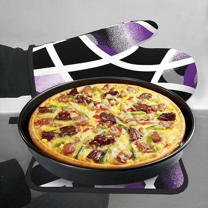 3-Piece Purple Black Abstract Geometric Oven Mitts and Pot Holders Set, Heat Resistant Modern Art Kitchen Gloves Hot Pads for Baking Cooking Grilling, Chef Gifts for Cooking Lovers, Home Decor, Purple