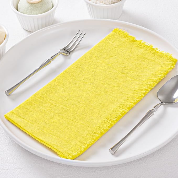 DeZerlor 6 Pack Lemon Yellow Cotton Linen Napkins with Fringe Spring Cloth Napkins Set of 6 Boho Handmade Dinner Napkins Bulk for Wedding Bridal Baby Shower Parties, 17 x 17 Inches