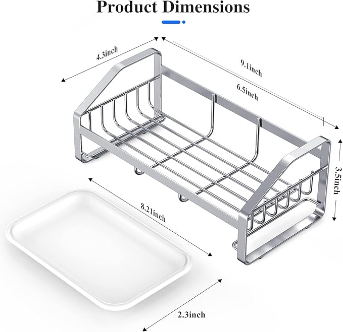 BSKSSK Sink Caddy,Sponge Holder for Kitchen Sink, Kitchen Bathroom Sink Organizer,304 Stainless Steel Kitchen Countertop Organizer Soap Tray with Removable Drain Tray Length Version - Silver