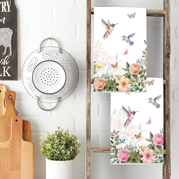 Bird Floral Hummingbird Kitchen Towels 2 Pcs Decorative Hand Towel Absorbent Dishcloth 16”X 24”