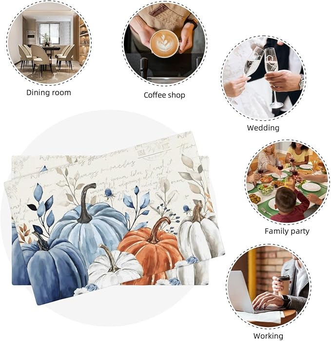 Fall Placemats Set of 4 Blue Orange Pumpkin Leaves Decor Place Mats 12x18 Inch Autumn Leaf Harvest Thanksgiving Decorative Linen Table Mats for Home Kitchen Dining Party Table Decoration